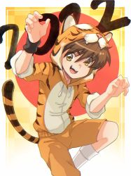 Rule 34 | 1boy, 2022, animal costume, animal ears, animal print, child, chinese zodiac, commentary, english commentary, hair between eyes, highres, looking at viewer, original, shorts, socks, tama! (lazyturtle), teeth, tiger costume, tiger print, year of the tiger