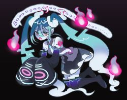 Rule 34 | 1girl, absurdres, black background, black skirt, black sleeves, black thighhighs, blue hair, creatures (company), detached arm, detached legs, detached sleeves, floating, full body, gamdoli, game freak, ghost miku (project voltage), glitch, glowing, gradient hair, grey shirt, hair between eyes, hatsune miku, highres, long hair, looking at viewer, multicolored hair, necktie, nintendo, open mouth, pale skin, pokemon, print sleeves, project voltage, see-through, see-through skirt, shirt, skirt, sleeveless, sleeveless shirt, sleeves past fingers, sleeves past wrists, solo, speech bubble, thighhighs, twintails, very long hair, vocaloid, white hair, white necktie, will-o&#039;-the-wisp (mythology), yellow eyes