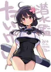 Rule 34 | 1girl, ahoge, black sailor collar, black one-piece swimsuit, blush, breasts, collarbone, cosplay, cropped legs, dated, flower, hair between eyes, hair flaps, hair flower, hair ornament, kantai collection, large breasts, long hair, odawara hakone, one-piece swimsuit, pink flower, purple hair, red eyes, ro-500 (kancolle), ro-500 (kancolle) (cosplay), sailor collar, sailor shirt, school swimsuit, shirt, simple background, sleeveless, sleeveless shirt, smile, solo, swimsuit, swimsuit under clothes, taigei (jmsdf), taigei (kancolle), torpedo, twitter username, white background, white shirt