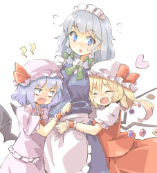 Rule 34 | 3girls, apron, arnest, bat wings, blonde hair, blue dress, blue eyes, blush, braid, brooch, crystal, dress, closed eyes, flandre scarlet, flying sweatdrops, hat, heart, highres, izayoi sakuya, jewelry, maid apron, maid headdress, medium hair, mob cap, multiple girls, one side up, open mouth, pink headwear, pink shirt, pink skirt, puffy short sleeves, puffy sleeves, purple hair, red skirt, red vest, remilia scarlet, sandwiched, shirt, short hair, short sleeves, siblings, silver hair, simple background, sisters, skirt, smile, touhou, twin braids, vest, white apron, white background, white headwear, white shirt, wings, wrist cuffs