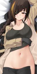 Rule 34 | 1girl, arm up, armpits, bed sheet, black gloves, black skirt, blunt bangs, blush, braid, breasts, brown shirt, closed mouth, collarbone, crop top, dakimakura (medium), eyepatch, from above, girls&#039; frontline, gloves, groin, highres, large breasts, long hair, long sleeves, looking at viewer, lying, m16a1 (girls&#039; frontline), mole, mole under eye, navel, no panties, on back, on bed, open clothes, open shirt, open skirt, orange eyes, scar, scar on face, shirt, single braid, skirt, smile, solo, stomach, tank top, very long hair, z.taiga