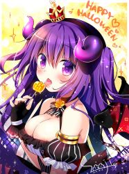 Rule 34 | 1girl, bare shoulders, black dress, black gloves, black hairband, black sleeves, blush, breasts, candy, cleavage, commentary request, crown, curled horns, dated, demon girl, demon horns, demon tail, demon wings, detached sleeves, dress, fingerless gloves, fingernails, food, gloves, gochuumon wa usagi desu ka?, hair between eyes, hairband, halloween, happy halloween, highres, holding, holding candy, holding food, holding lollipop, horns, kirara fantasia, large breasts, lollipop, long hair, looking at viewer, mini crown, open mouth, puffy short sleeves, puffy sleeves, purple eyes, purple hair, red wings, saliva, sasai saji, short sleeves, signature, solo, striped sleeves, tail, tail raised, tedeza rize, tilted headwear, tongue, tongue out, two side up, upper body, very long hair, wings