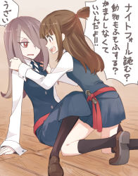 Rule 34 | 2girls, eye contact, hands on shoulders, kagari atsuko, kneeling, little witch academia, looking at another, multiple girls, on floor, pantyhose, school uniform, sitting, sou (tuhut), sucy manbavaran, translation request