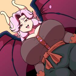 Rule 34 | 1girl, black pants, blush, borrowed character, breasts, brown shirt, cleavage, commission, highres, horns, huge breasts, long hair, looking at viewer, open mouth, original, pants, pink hair, quarium, red eyes, shirt, smile, solo, wings