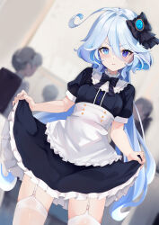 Rule 34 | 1girl, 3others, absurdres, ahoge, black bow, black dress, blue eyes, blue hair, bow, closed mouth, cowboy shot, dress, furina (genshin impact), genshin impact, hair between eyes, hair bow, heterochromia, highres, indoors, light blue hair, looking at viewer, maid, multicolored hair, multiple others, ntmy4332, people, short sleeves, solo focus, standing, streaked hair, two-tone hair, v-shaped eyebrows, window