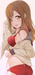 Rule 34 | 1girl, ass, bra, brown eyes, brown hair, brown shirt, commentary request, highres, hiroki (yyqw7151), kunikida hanamaru, long hair, long sleeves, looking at viewer, love live!, love live! sunshine!!, open clothes, open mouth, open shirt, panties, pink background, red bra, red panties, school uniform, shirt, simple background, smile, solo, underwear, uranohoshi school uniform