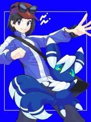 Rule 34 | 1boy, bag, black bag, black hair, blue background, blue jacket, calem (pokemon), clenched hand, commentary request, creatures (company), eyewear on headwear, framed, game freak, gen 6 pokemon, grey eyes, grey pants, hat, highres, jacket, kamota (momokomati), legs apart, long sleeves, male focus, meowstic, meowstic (male), nintendo, outstretched arm, pants, parted lips, pokemon, pokemon (creature), pokemon xy, red headwear, short hair, shoulder bag, simple background, smile, spread fingers, sunglasses