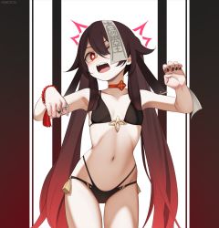 Rule 34 | 1girl, absurdres, bead bracelet, beads, bikini, black bikini, black nails, blush, bracelet, breasts, brown hair, choker, commentary, english commentary, flower-shaped pupils, genshin impact, gradient hair, hair between eyes, highres, hu tao (genshin impact), jewelry, long hair, low twintails, multicolored hair, multiple rings, nail polish, ofuda, once 11h, open mouth, red choker, red eyes, red hair, ring, simple background, small breasts, solo, swimsuit, symbol-shaped pupils, tassel, twintails, very long hair