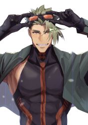 Rule 34 | 1boy, absurdres, achilles (fate), achilles (fearless diver) (fate), bara, black gloves, fate/grand order, fate (series), gloves, goggles, goggles on head, green hair, haruakira, highres, jacket, large pectorals, male focus, muscular, muscular male, official alternate costume, open mouth, pectorals, short hair, sidepec, smile, solo, spiked hair, swimsuit