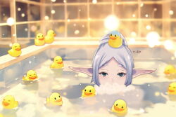 aqua_eyes bath bathing elf frieren grey_hair hair_bun highres himmel_(sousou_no_frieren) long_hair looking_at_viewer pointy_ears ponytail rubber_duck single_hair_bun soap_bubbles solo sousou_no_frieren tm102tm twintails white_hair