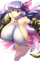 Rule 34 | 1girl, breasts, cleavage, covered erect nipples, curvy, fate/grand order, fate (series), female focus, haganef, hair between eyes, hair ribbon, highres, huge breasts, jumping, long hair, looking at viewer, passionlip (fate), pink eyes, pink ribbon, purple hair, revealing clothes, ribbon, shiny skin, simple background, solo, very long hair, white background