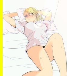 Rule 34 | 1girl, arms behind head, blonde hair, blush, breasts, chihiroiai, fullmetal alchemist, large breasts, looking at another, lying, no pants, on back, on bed, pillow, riza hawkeye, shirt, short hair, solo, sweat, sweatdrop, white shirt, yellow eyes