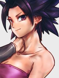 Rule 34 | &gt;:), 1girl, arm at side, bandeau, bare shoulders, big hair, black hair, bracer, breasts, caulifla, cleavage, closed mouth, collarbone, commentary request, dragon ball, dragon ball super, female focus, grey background, hand on own neck, hand up, kemachiku, looking at viewer, medium breasts, neck, parted bangs, pink bandeau, purple eyes, purple tube top, short hair, simple background, smile, solo, spiked hair, strapless, tube top, upper body