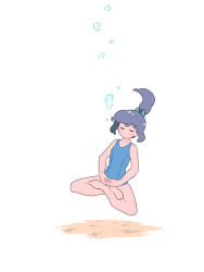 Rule 34 | 1girl, air bubble, barefoot, black hair, blue one-piece swimsuit, blush stickers, bubble, closed eyes, floating hair, full body, hair ornament, i-401 (kancolle), jibakurei (elite unchi), kantai collection, long hair, lotus position, no mouth, one-piece swimsuit, ponytail, school swimsuit, simple background, sinking, solo, swimsuit, underwater, white background