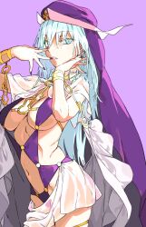 Rule 34 | absurdres, aradia (toaru), armlet, bikini, blue eyes, blue hair, breasts, capelet, expressionless, from side, gold bracelet, haimura kiyotaka, half-closed eyes, hands up, highres, large breasts, lips, long hair, looking at viewer, official art, purple background, purple bikini, purple headwear, purple nails, revealing clothes, see-through, see-through capelet, see-through skirt, sideboob, skirt, standing, stomach, swimsuit, thighlet, toaru majutsu no index, toaru majutsu no index: genesis testament, toaru majutsu no index: new testament, underboob, upper body, very long hair, wimple