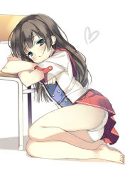 Rule 34 | 1girl, ass, bad id, bad pixiv id, bare legs, barefoot, blush, brown hair, chair, crossed arms, green eyes, head rest, heart, leaning to the side, long hair, looking at viewer, masushita, original, panties, pantyshot, shirt, sitting, skirt, smile, solo, underwear, upskirt, white panties