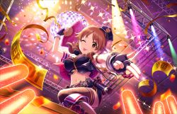 Rule 34 | 10s, 1girl, artist request, bare shoulders, belt, boots, breasts, brown eyes, brown hair, card (medium), cleavage, confetti, earrings, fingerless gloves, fishnet legwear, fishnets, foreshortening, garter straps, gloves, hand fan, hat, idolmaster, idolmaster cinderella girls, idolmaster cinderella girls starlight stage, jewelry, katagiri sanae, large breasts, low twintails, midriff, navel, official art, one eye closed, police, police uniform, stage, tongue, tongue out, twintails, uniform, zipper