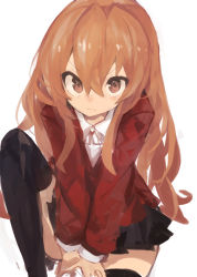 Rule 34 | 1girl, absurdres, aisaka taiga, arms between legs, black skirt, black thighhighs, brown eyes, brown hair, closed mouth, feet out of frame, female focus, hair between eyes, highres, jacket, kaamin (mariarose753), light frown, long hair, long sleeves, looking at viewer, microskirt, oohashi high school uniform, own hands together, pleated skirt, red jacket, school uniform, shirt, sidelocks, simple background, sitting, skirt, solo, thighhighs, toradora!, v-shaped eyebrows, v arms, very long hair, white background, white shirt, zettai ryouiki