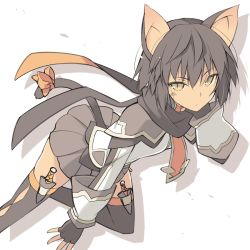 Rule 34 | 1girl, animal ears, black gloves, black hair, black thighhighs, capelet, cat ears, cat girl, cat tail, fingerless gloves, gloves, holster, knife, looking at viewer, ohta yuichi, original, pop-up story, ribbon, scarf, short hair, skirt, slit pupils, solo, suzuna isurugi, tail, tail ornament, tail ribbon, tan, thigh holster, thighhighs, tsurime, white background, yellow eyes