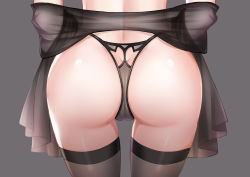 Rule 34 | 1girl, absurdres, ass, ass focus, back, black panties, black thighhighs, cameltoe, close-up, commentary, from behind, hands up, head out of frame, highleg, highleg panties, highres, lingerie, nier (series), nier:automata, panties, shawl, solo, string panties, thighhighs, thighs, thong, underwear, underwear only, user prcj3453, 2b (nier:automata)