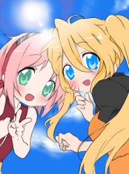Rule 34 | 2girls, bare arms, black jacket, blonde hair, blue eyes, blue sky, blush, breasts, chinese clothes, cloud, day, facial mark, facing viewer, forehead protector, genderswap, genderswap (mtf), green eyes, hair between eyes, hair ornament, hair ribbon, hairband, hand up, hands up, happy, haruno sakura, jacket, long hair, long sleeves, looking at viewer, looking back, lowres, lucky star, medium breasts, medium hair, multicolored clothes, multicolored jacket, multiple girls, naruko (naruto), naruto, naruto (series), naruto shippuuden, open mouth, orange jacket, outdoors, parody, pink hair, red ribbon, red shirt, ribbon, shirt, sky, sleeveless, sleeveless shirt, small breasts, smile, standing, style parody, sun, tongue, twintails, unknownplanet, upper body, uzumaki naruto, v, very long hair, whisker markings, whiskers