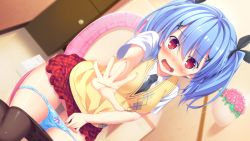 Rule 34 | 1girl, bathroom, blue hair, blue panties, blush, breasts, clothes pull, embarrassed, female focus, floor, flower, from above, game cg, hand up, hinata nao, imouto paradise!, imouto paradise! 3, indoors, legs, looking at viewer, medium breasts, moonstone, nanase rika, no pussy, open mouth, outstretched arm, panties, panty pull, pantyhose, pantyhose pull, red eyes, school uniform, sitting, skirt, solo, thighs, toilet, twintails, underwear