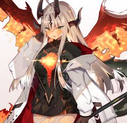 Rule 34 | 1girl, arknights, black gloves, black sweater, blush, breasts, coat, dragon horns, dragon tail, dragon wings, fang, fiery wings, fire, gloves, green eyes, grey background, grey hair, horns, long hair, long sleeves, multiple horns, off shoulder, open mouth, reed (arknights), sidelocks, simple background, skin fang, solo, soukou makura, sweater, tail, turtleneck, turtleneck sweater, white coat, wings