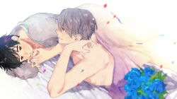 Rule 34 | 2boys, bad id, bad pixiv id, bed, bed sheet, black hair, blue eyes, blue flower, blurry, blush, bouquet, brown eyes, confetti, covering privates, depth of field, dutch angle, fingernails, flower, happy, holding hands, interlocked fingers, katsuki yuuri, looking at another, male focus, multiple boys, nude, nude cover, pillow, profile, short hair, smile, tadano53, topless male, viktor nikiforov, white hair, yaoi, yuri!!! on ice