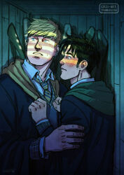 Rule 34 | 2boys, alternate costume, alternate universe, bad id, bad tumblr id, bara, black hair, blonde hair, blush, couple, cramped, cris art, from side, grabbing another&#039;s arm, hands on another&#039;s chest, harry potter (series), hood, hood down, hulkling, in locker, layered shirt, long sideburns, looking to the side, male focus, marvel, multiple boys, necktie, short hair, sideburns, striped necktie, thick eyebrows, upper body, wiccan, wide-eyed, window shadow, wizarding world, yaoi