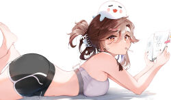 Rule 34 | 1girl, absurdres, alternate breast size, bare shoulders, barefoot, black nails, blush, breasts, brown hair, genshin impact, ghost, hair between eyes, highres, holding, hu tao (genshin impact), large breasts, looking at viewer, lying, medium hair, navel, on stomach, pencil, red eyes, shorts, solo, sports bra, symbol-shaped pupils, vincent leo