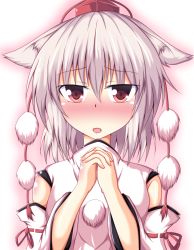 Rule 34 | 1girl, animal ears, blush, commentary request, detached sleeves, fang, female focus, fookun, own hands clasped, hat, hat ribbon, highres, inubashiri momiji, long sleeves, naba (take tonbo), open mouth, own hands together, pink eyes, ribbon, shirt, short hair, silver hair, solo, tokin hat, touhou, upper body, wide sleeves, wolf ears