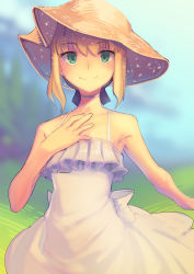 Rule 34 | 1girl, alternate costume, arm at side, artoria pendragon (all), artoria pendragon (fate), blonde hair, blue ribbon, boa (brianoa), choker, dress, fate/stay night, fate (series), grass, green eyes, hand on own chest, hat, highres, looking at viewer, ribbon, saber (fate), smile, solo, straw hat, sundress, white choker, white dress