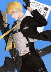 Rule 34 | 1boy, absurdres, black gloves, black pants, blonde hair, blue eyes, coat, collared shirt, fingerless gloves, gloves, gradient hair, grey shirt, gun, hair between eyes, highres, holster, holstered, kami off record, looking at viewer, male focus, multicolored hair, nijisanji, nijisanji en, overcoat, pants, shirt, short hair, smirk, smug, solo, sonny brisko, thigh strap, virtual youtuber, weapon, white hair, yellow gloves