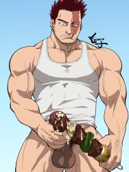 Rule 34 | 1boy, bara, bare shoulders, beard, boku no hero academia, bottomless, cum, cum on food, endeavor (boku no hero academia), erection, facial hair, food, highres, kebab, large pectorals, male focus, male masturbation, male pubic hair, masturbation, mature male, meat, muscular, muscular male, naked shirt, official alternate costume, pectoral cleavage, pectorals, penis, pubic hair, scar, scar across eye, scar on face, shirako (kirupi), shirt, short hair, sideburns, sidepec, skewer, solo, spiked hair, stubble, tank top, thick thighs, thighs, uncensored, veins, white tank top