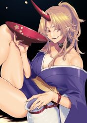 Rule 34 | 1girl, \||/, arm up, bare shoulders, black background, black choker, blonde hair, blue kimono, blush, breasts, choker, cleavage, collarbone, commentary request, cup, eyelashes, fangs, fingernails, holding, holding cup, horns, hoshiguma yuugi, hoshiguma yuugi (kimono), japanese clothes, kagehito, kimono, large breasts, long hair, long sleeves, looking at viewer, obi, oni, parted bangs, pointy ears, ponytail, red eyes, red horns, red rope, rope, sakazuki, sash, sharp fingernails, sharp teeth, shiny skin, simple background, single horn, solo, star (symbol), star print, teeth, thighs, tokkuri, touhou, wide sleeves, yellow sash