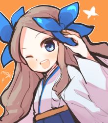 Rule 34 | 1girl, akoya (anoko konoko), artist name, asakaze (kancolle), blue bow, blue eyes, blue hakama, bow, commentary request, forehead, hair bow, hakama, hakama skirt, japanese clothes, kantai collection, light brown hair, long hair, looking at viewer, meiji schoolgirl uniform, one-hour drawing challenge, open mouth, orange background, parted bangs, sidelocks, simple background, skirt, smile, solo, teeth, upper body, upper teeth only, wavy hair