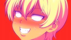 Rule 34 | 10s, 1girl, blonde hair, blush, close-up, female focus, from side, grin, hair between eyes, mito ikumi, no pupils, parted bangs, portrait, red background, screencap, shokugeki no souma, short hair, simple background, smile, sweat, teeth, v-shaped eyebrows