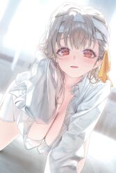 Rule 34 | 1girl, bandaged head, bandages, blush, breasts, cleavage, commentary request, goddess of victory: nikke, grey hair, hair ornament, hanging breasts, highres, huge breasts, large breasts, leaning forward, long hair, long sleeves, looking at viewer, modernia (nikke), open mouth, red eyes, ruhee, shirt, smile, solo, white shirt