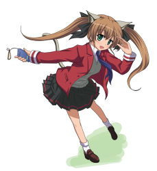 Rule 34 | 10s, 1girl, animal ears, bad id, bad pixiv id, blazer, brown hair, cellphone, dog days, female focus, full body, green eyes, hair ribbon, ishida seito, jacket, long hair, open mouth, phone, pleated skirt, rebecca anderson, ribbon, school uniform, skirt, solo, tail, twintails, white background