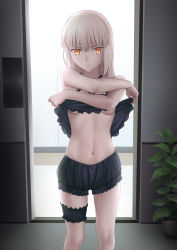 Rule 34 | 1girl, absurdres, artoria pendragon (all), artoria pendragon (fate), backlighting, bare shoulders, besmiled, blush, breasts, bridal garter, fate/grand order, fate (series), female focus, highres, long hair, looking at viewer, navel, saber alter, small breasts, solo, standing, suggestive fluid, thighs, undressing, yellow eyes