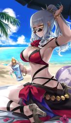 Rule 34 | 1girl, ass, ball, beach, beachball, bikini, bottle, bracelet, breasts, carmilla (fate), carmilla (summertime mistress) (fate), cleavage, cloud, craft essence (fate), day, fate/grand order, fate (series), fingernails, flower, from behind, glasses, grey hair, high heels, highres, jewelry, large breasts, long fingernails, looking back, looking over eyewear, nail polish, ocean, official art, outdoors, resized, saitou hiroki, seiza, sitting, solo, sunglasses, swimsuit, upscaled, waifu2x, water, yellow eyes