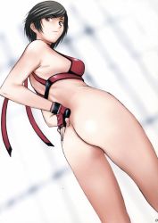 Rule 34 | 1girl, artbook, ass, back, black hair, blurry, bottomless, cowboy shot, depth of field, dutch angle, fingerless gloves, from side, gloves, hand on own ass, highres, hinomoto reiko, legs apart, looking back, momoi nanabei, rumble roses, scan, solo, standing, swept bangs