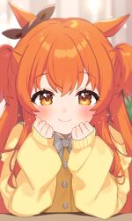 Rule 34 | 1girl, animal ears, black ribbon, blush, bow, commentary request, ear ribbon, highres, horse ears, horse girl, inuyama nanami, long hair, long sleeves, looking at viewer, mayano top gun (umamusume), orange eyes, orange hair, ribbon, sleeves past wrists, smile, solo, sweater, two side up, umamusume, upper body, yellow sweater