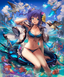 Rule 34 | 10s, 1girl, :d, arm at side, armlet, armpits, bikini, bird, blue bikini, blue eyes, blue sky, breasts, bright pupils, building, cleavage, cloud, company name, crystal, cygames, day, earrings, fish, flower, front-tie bikini top, front-tie top, hair flower, hair ornament, hand in own hair, happy, highres, image sample, jacket, jacket on shoulders, jewelry, knees together feet apart, lazuli (shingeki no bahamut), lee hyeseung, looking at viewer, navel, official art, open clothes, open mouth, outdoors, partially submerged, purple hair, seagull, shingeki no bahamut, shiny skin, short hair, side ponytail, sitting, sky, smile, soaking feet, solo, spire, swimsuit, thighs, water