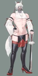 Rule 34 | 1girl, abs, animal ears, bare shoulders, black gloves, black thighhighs, breasts, commentary request, detached sleeves, frogsnake, full body, gloves, grey background, hand on own hip, hat, high heels, inubashiri momiji, loincloth, looking at viewer, muscular, muscular female, nail polish, navel, open mouth, planted, planted sword, planted weapon, red eyes, red footwear, red hat, red nails, revealing clothes, short hair, simple background, small breasts, small head, solo, standing, sword, tabard, tail, tall female, thighhighs, tokin hat, touhou, underboob, weapon, white hair, wide sleeves, wolf ears, wolf girl, wolf tail