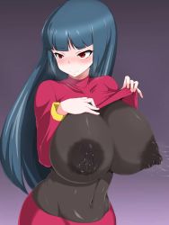 Rule 34 | 1girl, blue hair, blush, bodystocking, breasts, clothes lift, covered erect nipples, covered navel, creatures (company), game freak, gym leader, highres, huge breasts, lactation, large areolae, nintendo, pokemon, pokemon rgby, red eyes, sabrina (pokemon), shirt lift, upper body