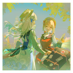 Rule 34 | 2girls, alternate costume, alternate hairstyle, ayaka (genshin impact), back bow, blonde hair, blue dress, blue hair, border, bow, brown headwear, building, cha chya, clock, clock tower, commentary, dress, flower, genshin impact, hat, highres, holding, holding map, holding suitcase, jacket, kamisato ayaka, kamisato ayaka (springbloom missive), light blue hair, long hair, long sleeves, looking at another, map, matching outfits, multiple girls, official alternate costume, open mouth, orange eyes, outdoors, red jacket, smile, suitcase, tower, upper body, vision (genshin impact), white border, white flower, yoimiya (genshin impact)