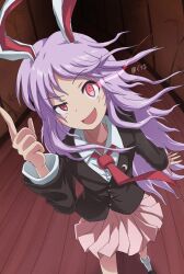Rule 34 | 1girl, black jacket, eientei, formal, gurina 15, highres, imperishable night, jacket, long hair, looking at viewer, necktie, pink skirt, pointing, purple hair, red eyes, red necktie, reisen udongein inaba, shirt, skirt, smug, solo, suit, touhou, very long hair, white shirt