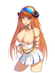 Rule 34 | 1girl, absurdres, arknights, arms behind back, bagpipe (arknights), bdsm, bikini, blue-tinted eyewear, blue skirt, blush, bondage, bound, bound arms, breasts, breasts out, chinese commentary, collarbone, commission, contrapposto, cosplay, cowboy shot, cropped legs, detached collar, dragon horns, eyewear on head, furrowed brow, highres, horns, large breasts, long hair, looking at viewer, millennium cheerleader outfit (blue archive), miniskirt, navel, nipples, open mouth, orange hair, pleated skirt, purple eyes, restrained, rope, second-party source, shibari, shinebell, sidelocks, simple background, skindentation, skirt, solo, standing, straight hair, sweatdrop, swimsuit, tearing up, tears, tinted eyewear, trembling, two-tone skirt, untied bikini, wavy mouth, white background, white skirt, wing collar