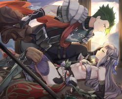 Rule 34 | 1boy, 1girl, achilles (fate), after battle, armor, blood, boots, braid, breasts, claws, elbow gloves, fate/grand order, fate (series), fingerless gloves, gloves, green hair, grey hair, hand on another&#039;s face, highres, injury, kneeling, long hair, lying, manly, mosta (lo1777789), on back, pauldrons, penthesilea (fate), red scarf, scarf, short hair, shoulder armor, sidelocks, small breasts, thighhighs, weapon, yellow eyes